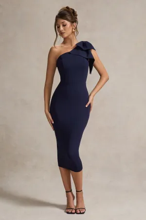 Ambretta | Navy One-Shoulder Midi Dress With Bow