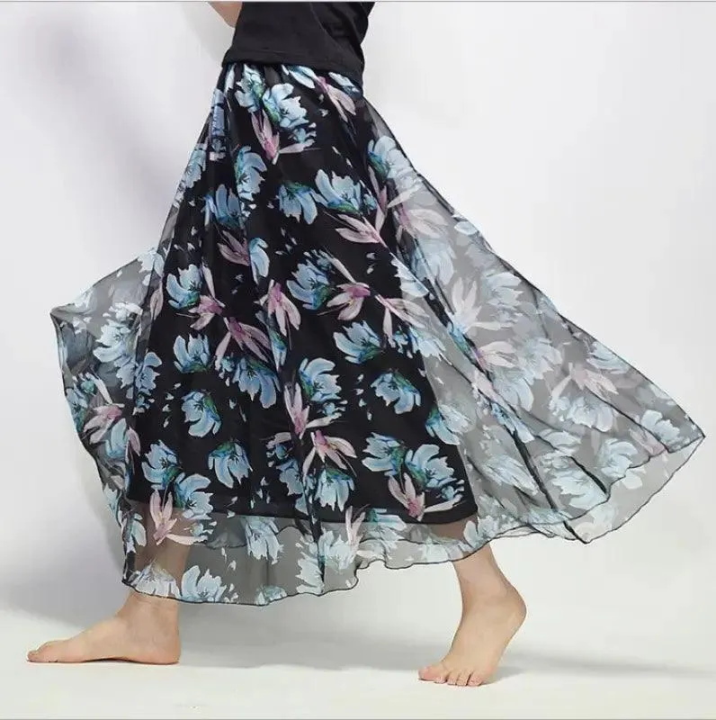 Bohemian Printed Chiffon Mid-length Skirt, Floral Skirt, A-line Skirt, Large Swing Female Skirt, Beach Long Skirt