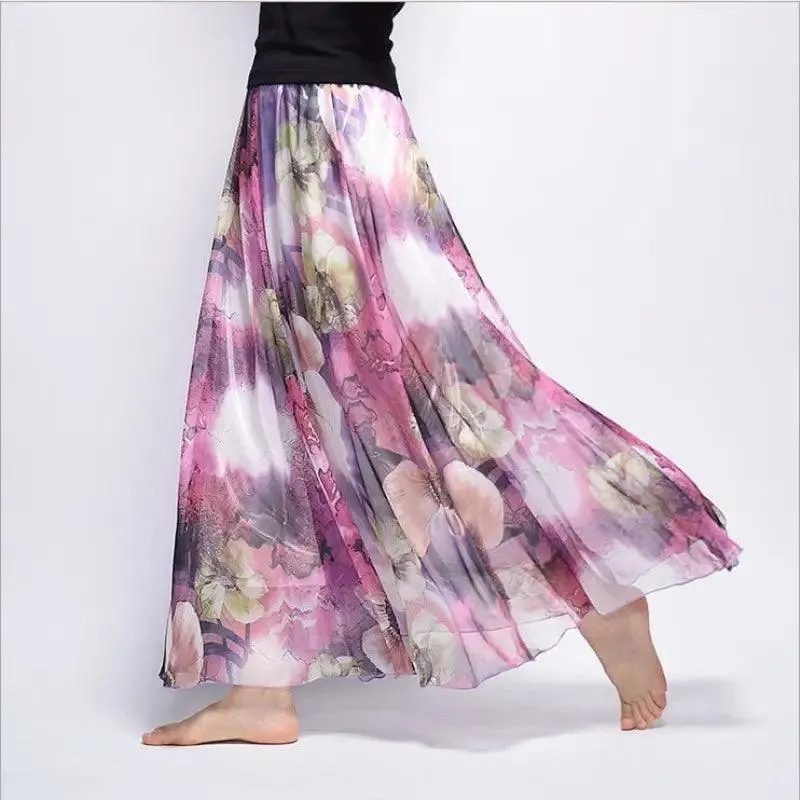 Bohemian Printed Chiffon Mid-length Skirt, Floral Skirt, A-line Skirt, Large Swing Female Skirt, Beach Long Skirt