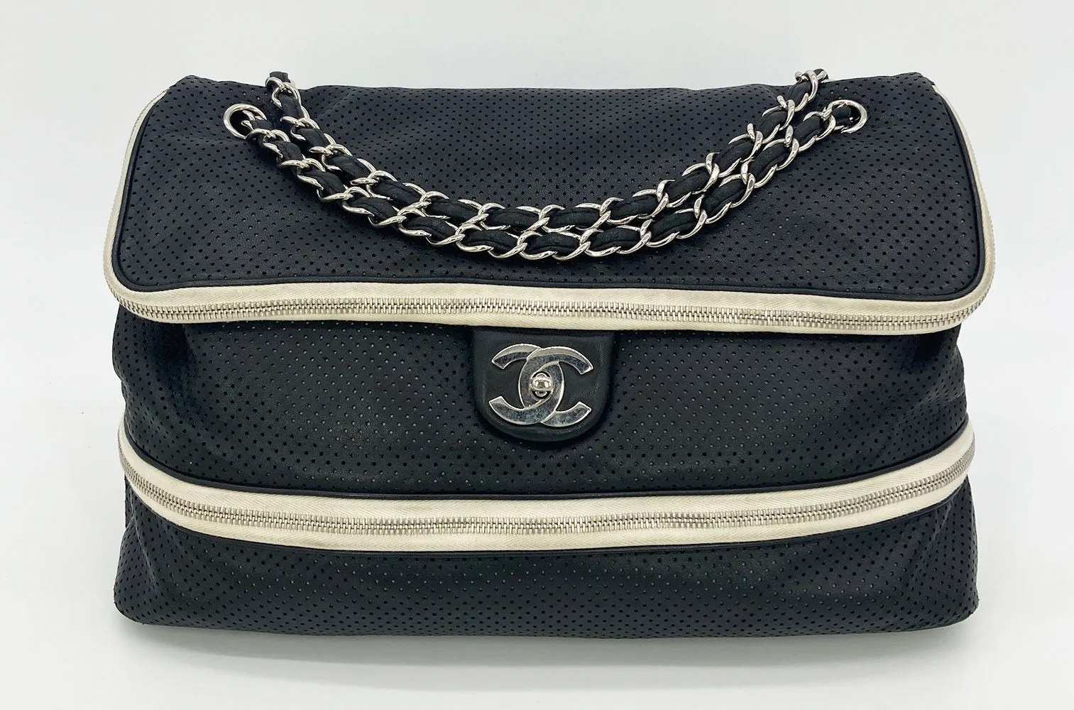 Chanel Black Perforated Leather Expandable Classic Flap Shoulder Bag