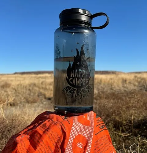 Colter Adventure Co. Happy Camper Survival Kit Water Bottle and Bandana BPA Free - 34 oz. Wide Mouth Durable Water Bottle. American Made Cotton Survival Bandana.