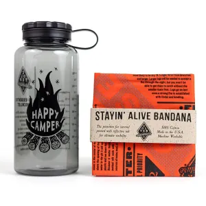 Colter Adventure Co. Happy Camper Survival Kit Water Bottle and Bandana BPA Free - 34 oz. Wide Mouth Durable Water Bottle. American Made Cotton Survival Bandana.