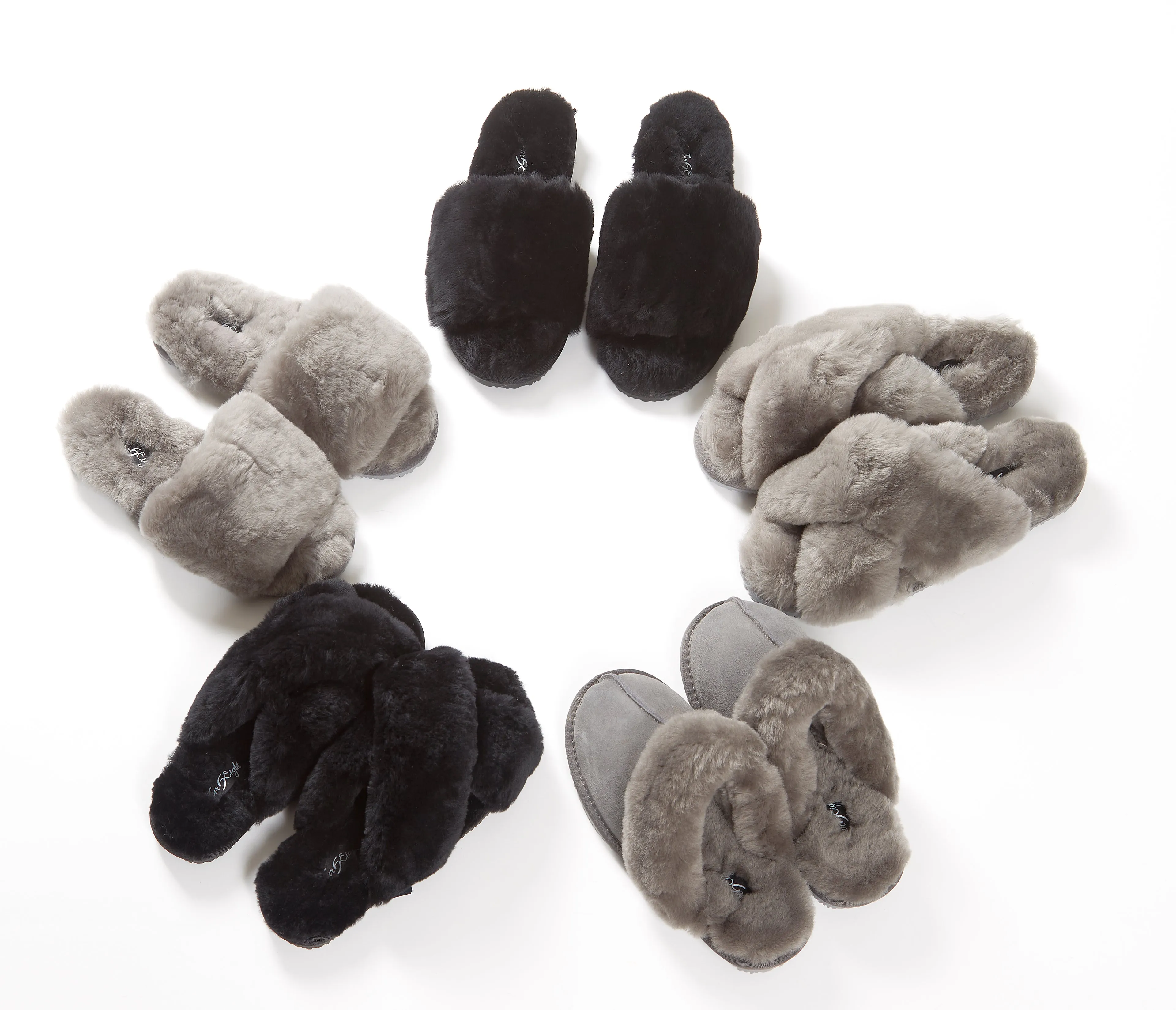 Dark Grey Deep Criss Cross Sheepskin Slippers