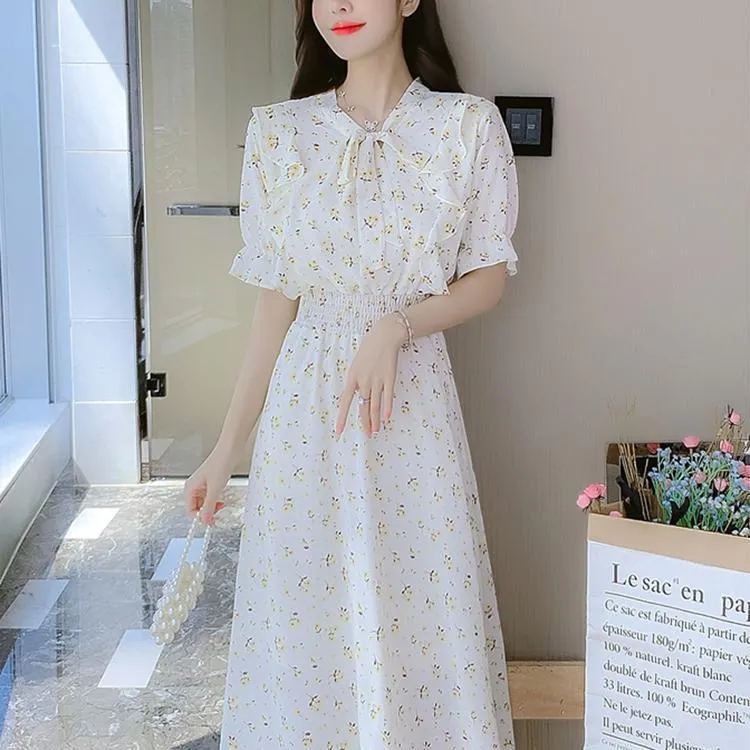 deanwangkt Style High-Grade Chiffon Dress for Women Spring and Summer  New Waist Slimming Elegant Floral Dress