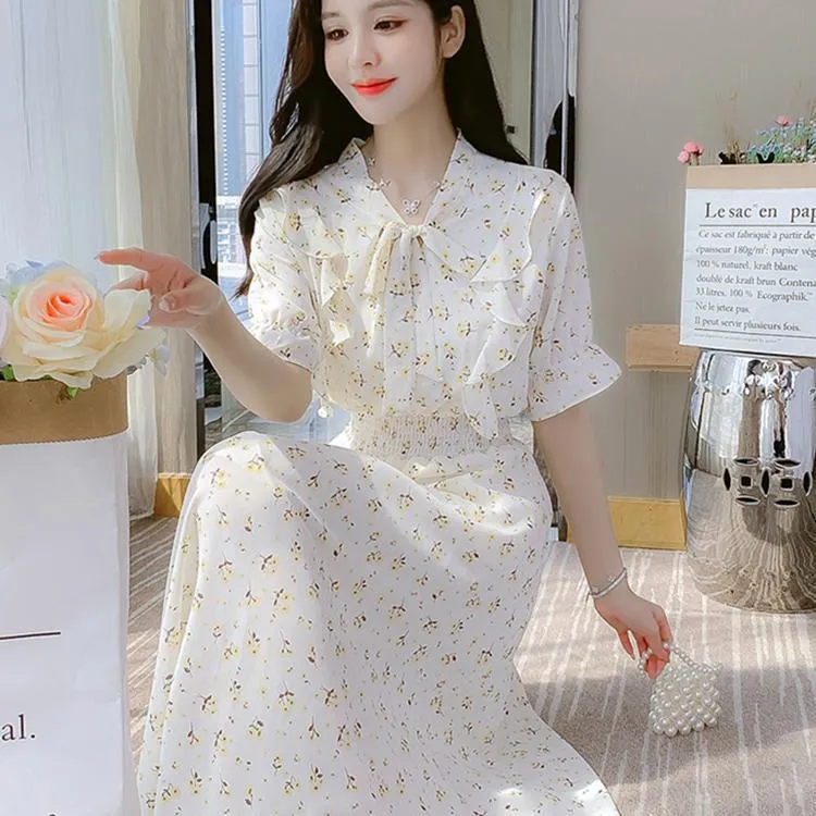 deanwangkt Style High-Grade Chiffon Dress for Women Spring and Summer  New Waist Slimming Elegant Floral Dress