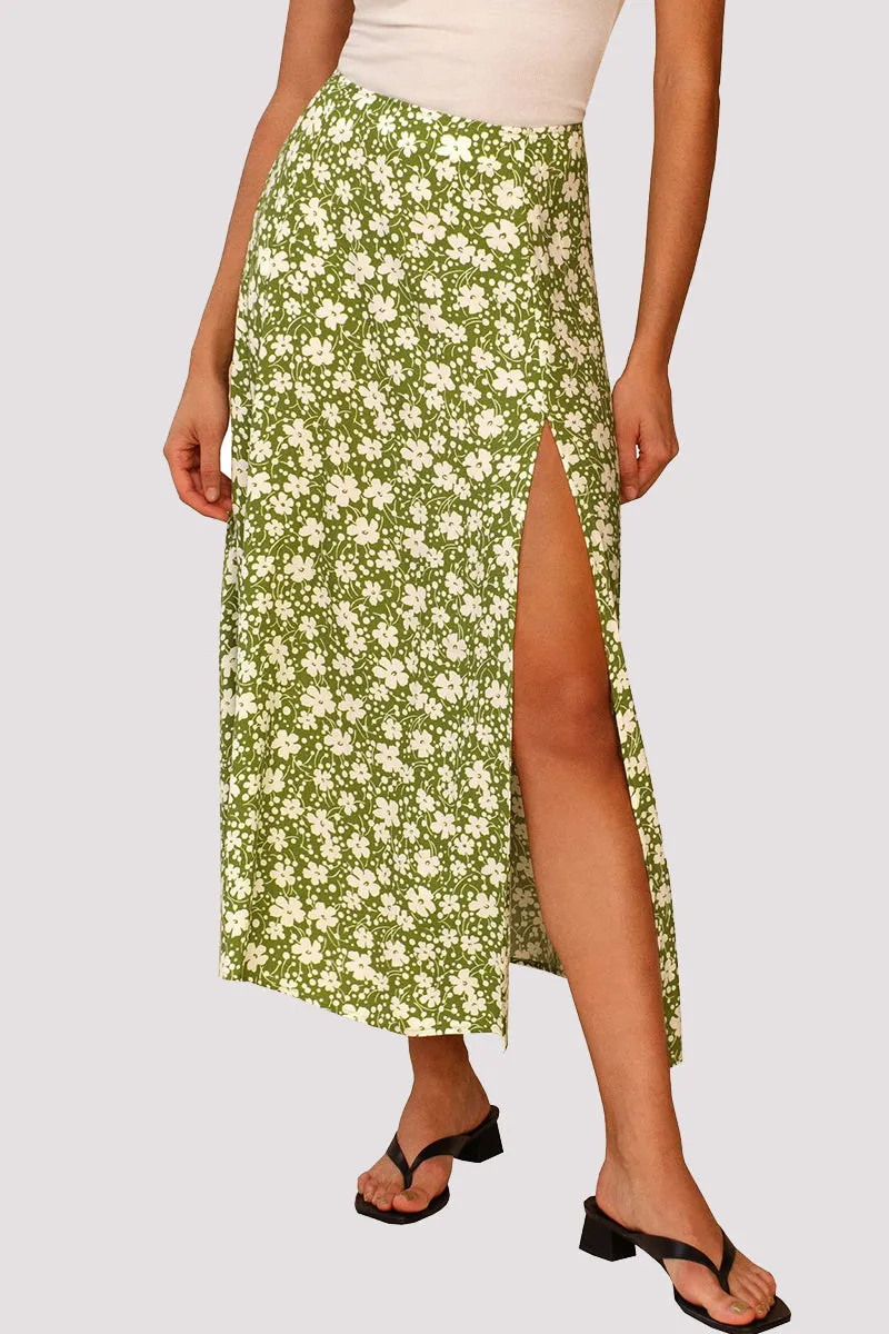 Elegant Print Slit Regular High Waist Type A Full Print Bottoms