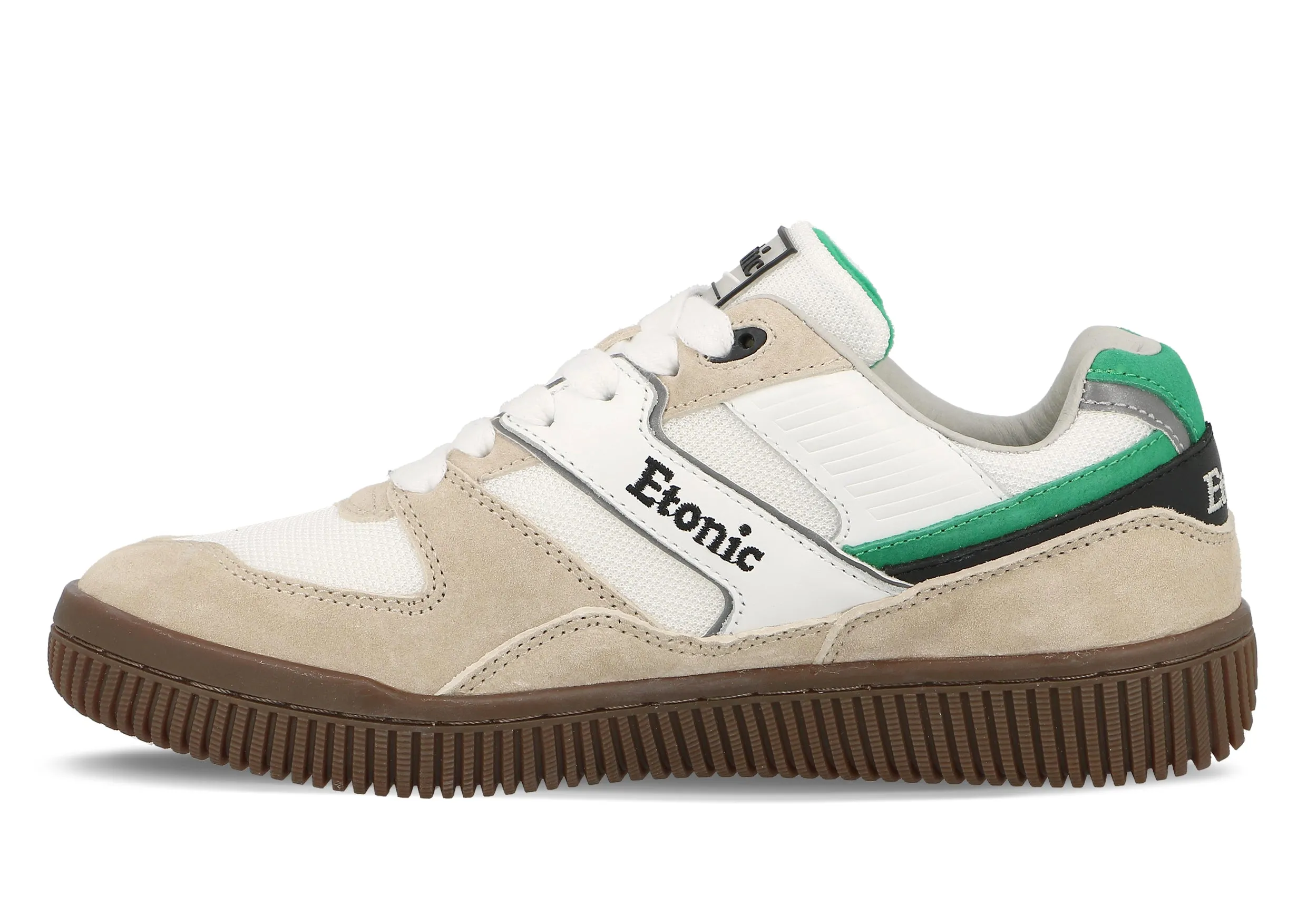 Etonic DROPSHOT sneakers in beige suede leather, white mesh, green and black details with light honey outsole.