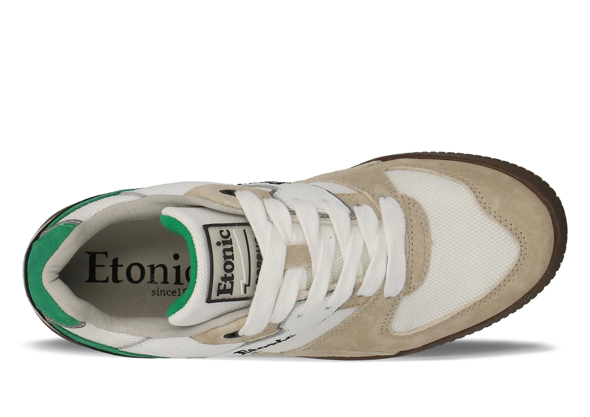 Etonic DROPSHOT sneakers in beige suede leather, white mesh, green and black details with light honey outsole.