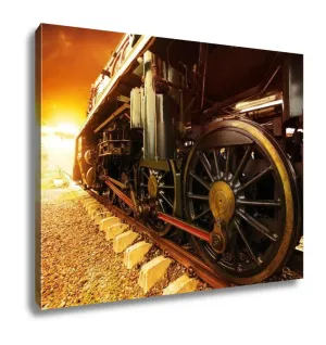 Gallery Wrapped Canvas, Iron Wheels Of Stream Engine Locomotive Train On Railways Track Perspective To