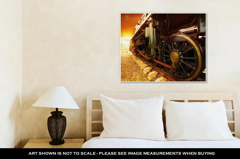 Gallery Wrapped Canvas, Iron Wheels Of Stream Engine Locomotive Train On Railways Track Perspective To