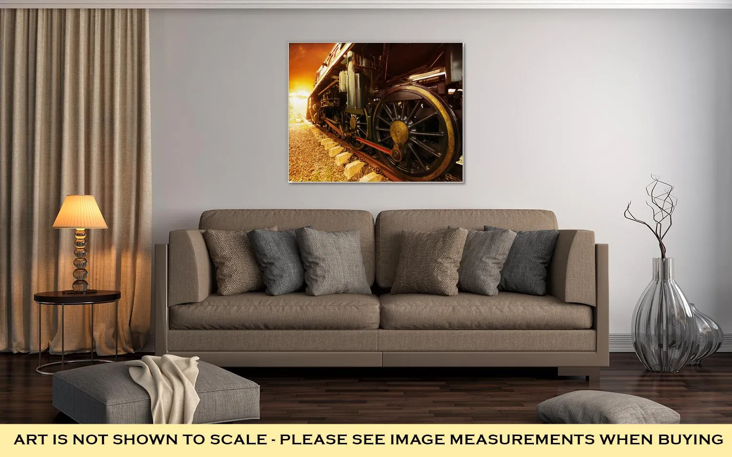 Gallery Wrapped Canvas, Iron Wheels Of Stream Engine Locomotive Train On Railways Track Perspective To