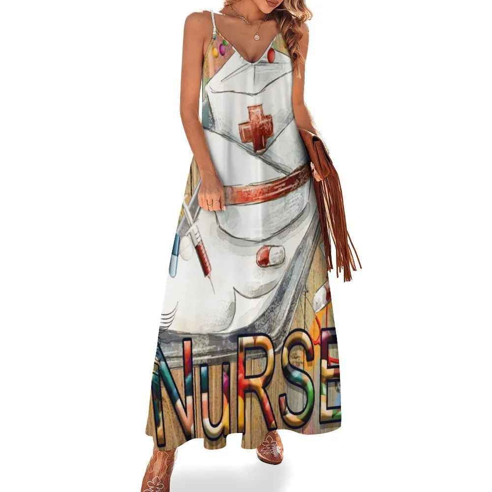 Chic Nurse Spaghetti Strap Ankle-Length Dress - Elegant Long Dress for Healthcare Professionals