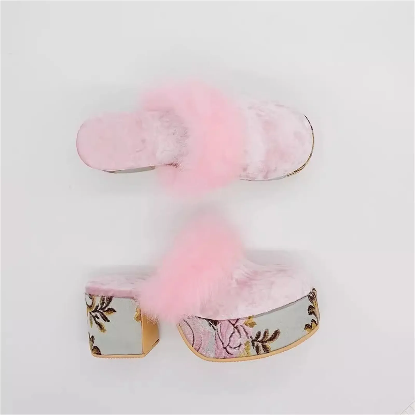 Women's Print Thick Heel Slippers With Real Rex Rabbit Fur Trim Fashion Closed Finger Sandals Slides