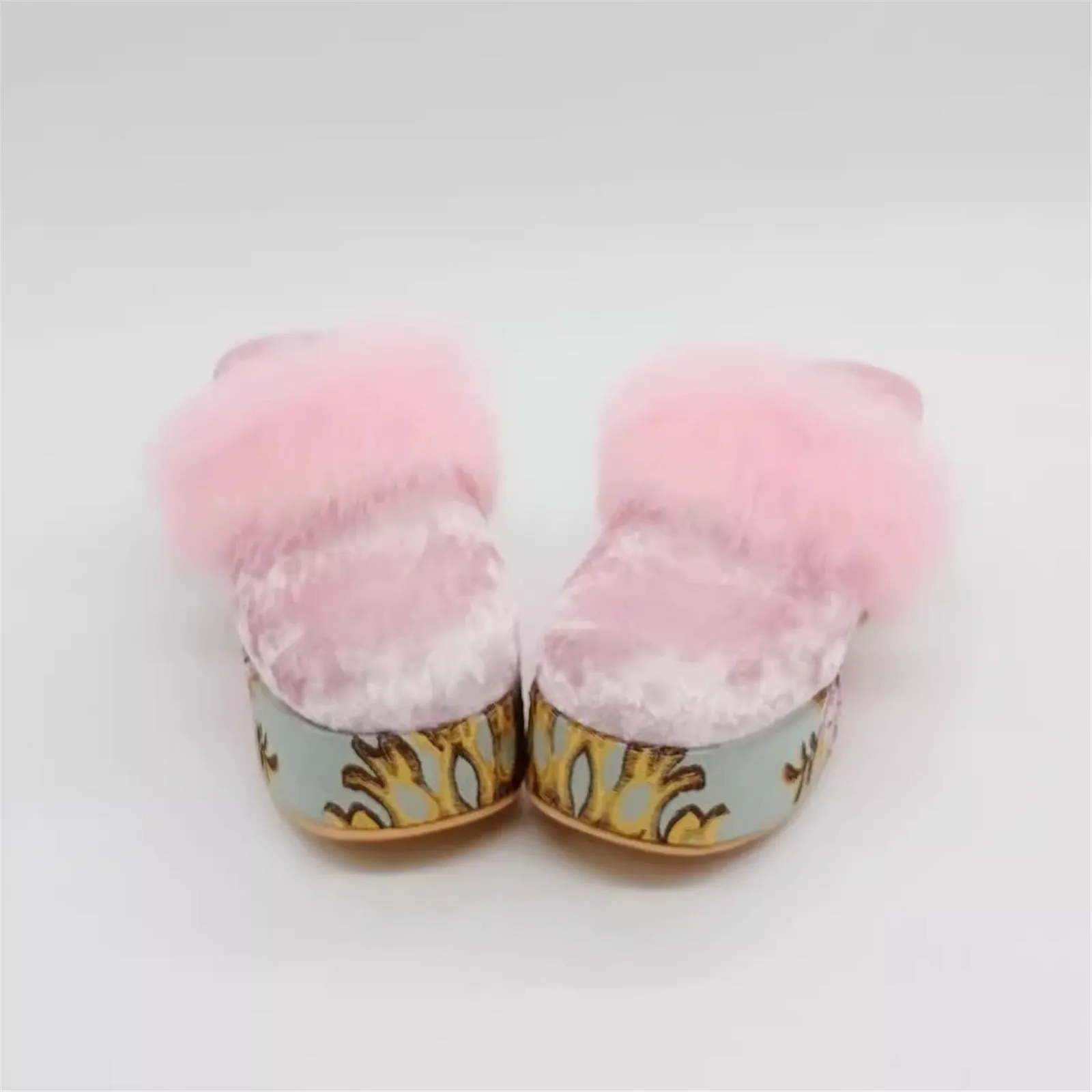 Women's Print Thick Heel Slippers With Real Rex Rabbit Fur Trim Fashion Closed Finger Sandals Slides