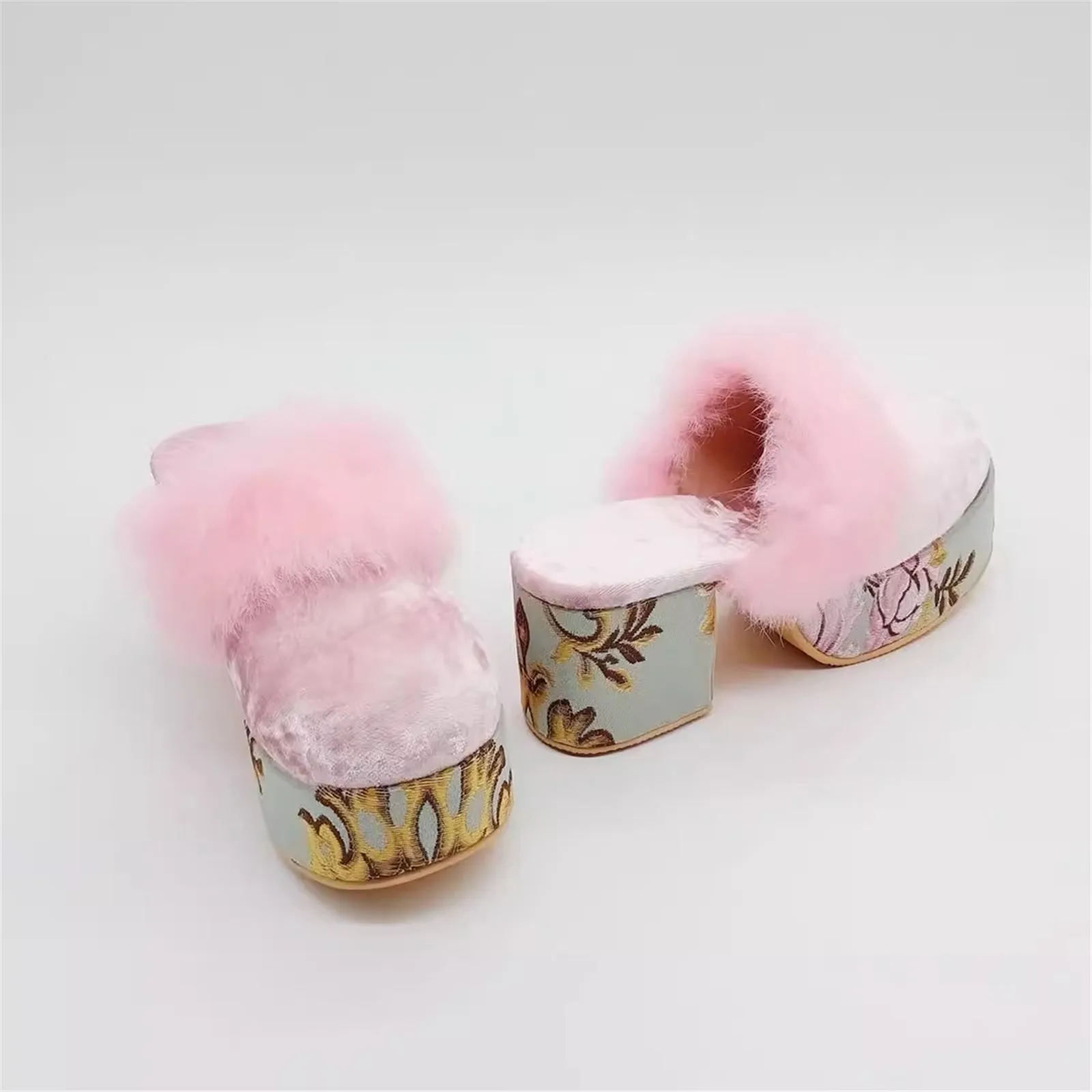 Women's Print Thick Heel Slippers With Real Rex Rabbit Fur Trim Fashion Closed Finger Sandals Slides